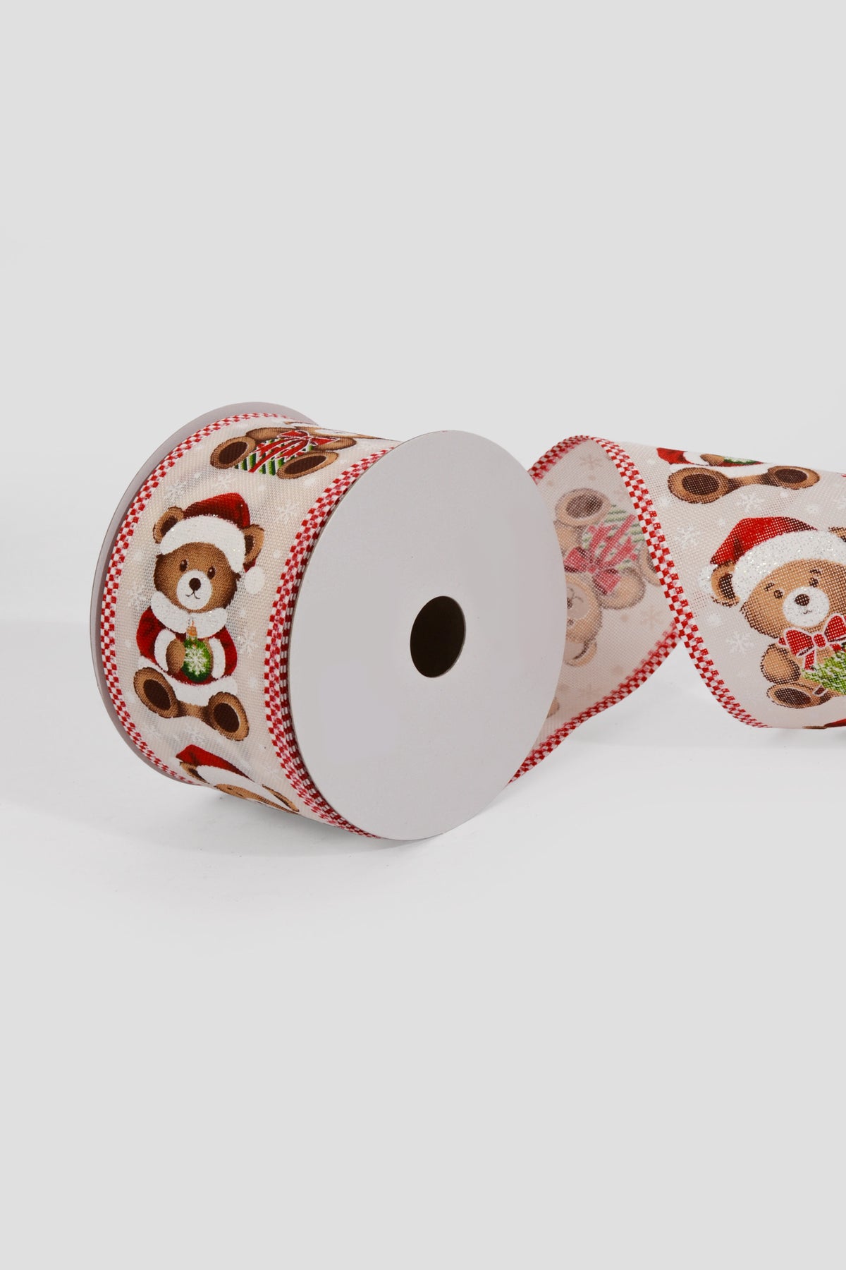 2.5" X 10Yds Wired Linen Christmas Teddies Ribbon Ivory/Red-White