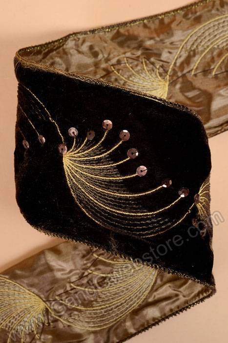 4" X 10yds Velvet Embroidered Wired Ribbon Black/gold