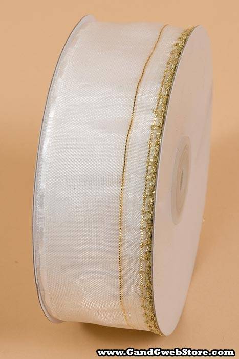 1.5" X 25yds Side Pull Bow W/gold Trim White