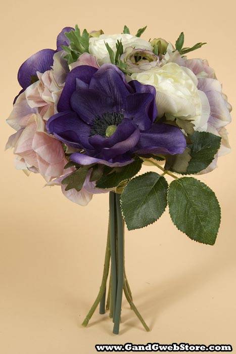 11" Hydrangea/ranunculus/anemone Bouque Purple/lavender
