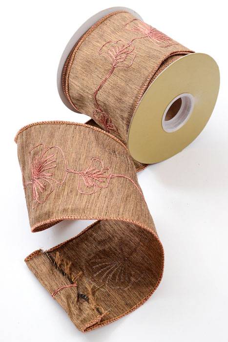 4" X 10yds Ginko Leaves Embroidered Ribbon Brown