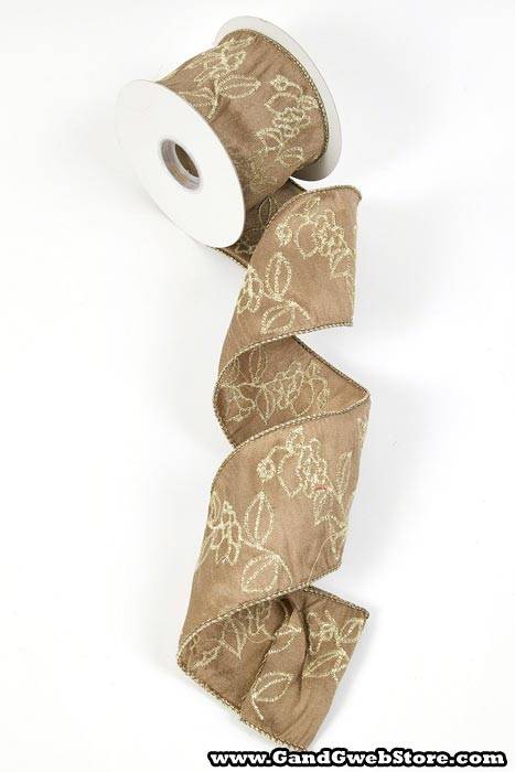 3" X 5yds Embroidery Flower Ribbon Mocha