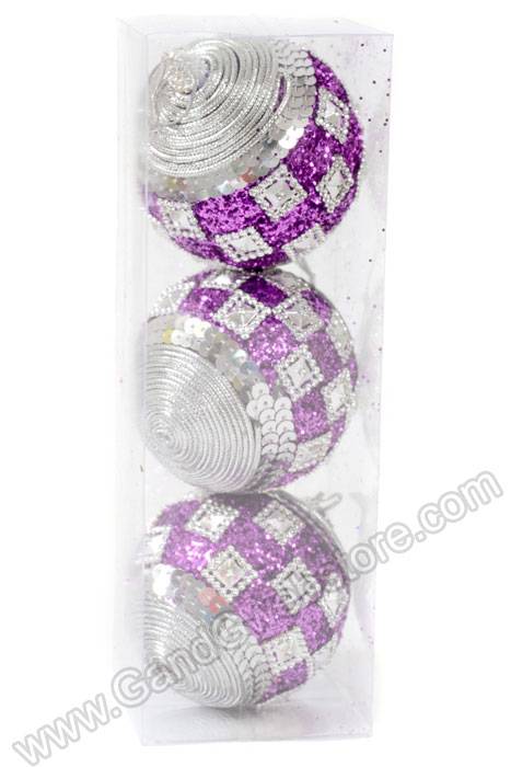 4" Glitter Sequin Ball Ornament Purple/silver Pkg/3
