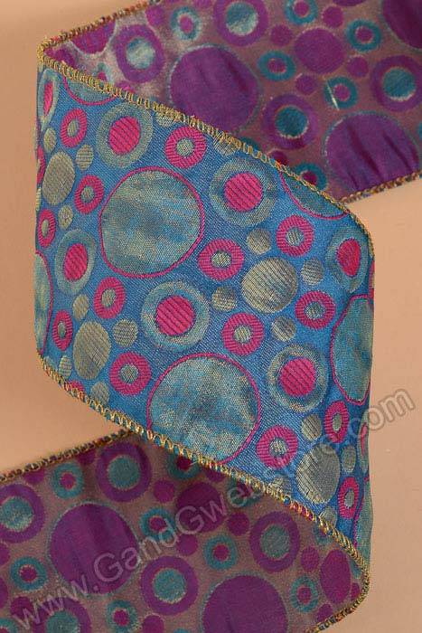 4" X 10yds Jacquard Retro Dots Wired Ribbon Blue/fuchsia