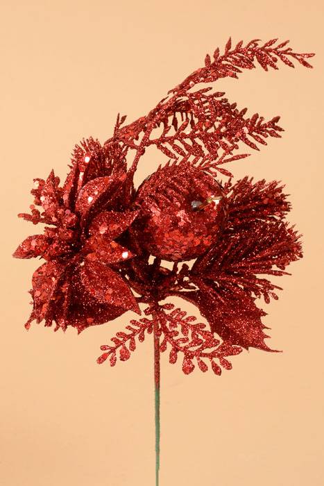 11" Glitter Poinsettia & Apple Pick Red Pkg/12
