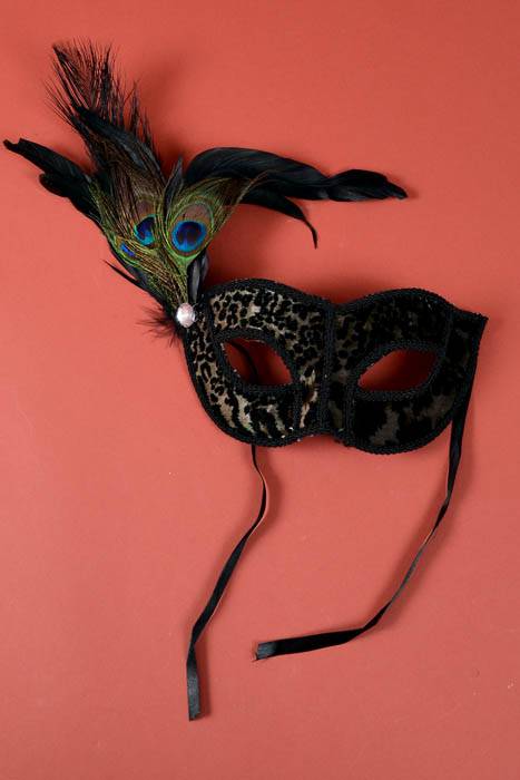 9.5" Velvet Mask W/feathers & Bead Brown/black