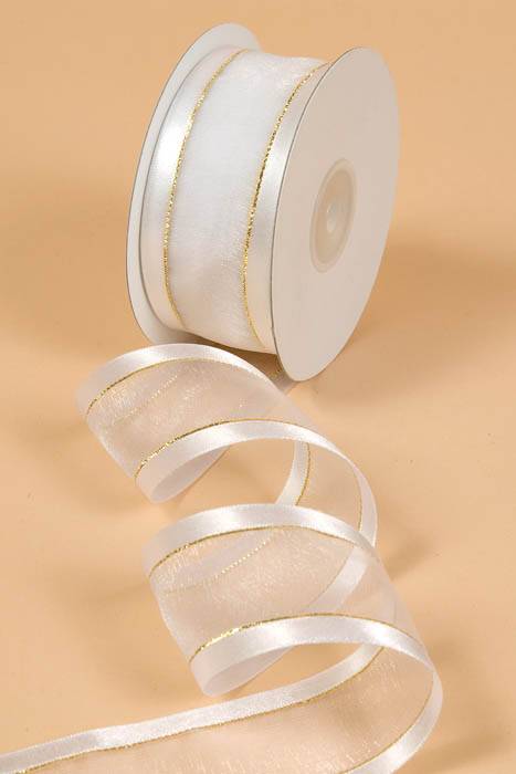 Sheer Satin W/gold Trim Ribbon - White