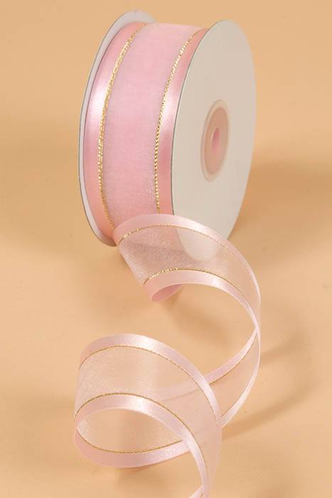 Sheer Satin W/gold Trim Ribbon - Pink