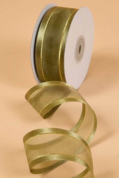 Sheer Satin W/gold Trim Ribbon - Moss