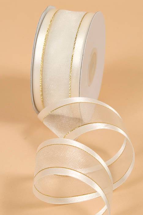 Sheer Satin W/gold Trim Ribbon - Ivory