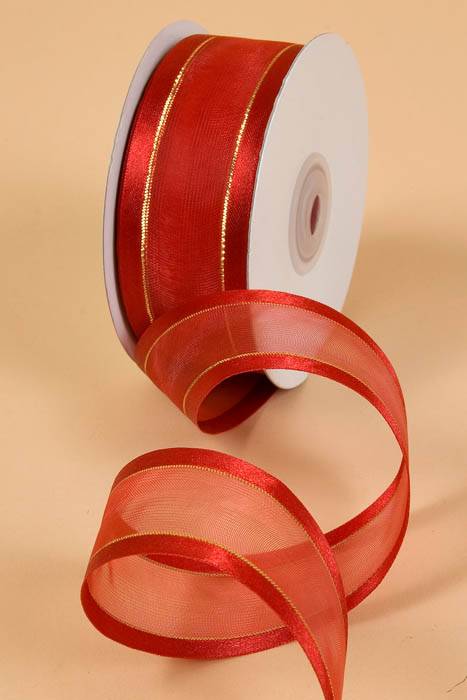 Sheer Satin W/gold Trim Ribbon - Red