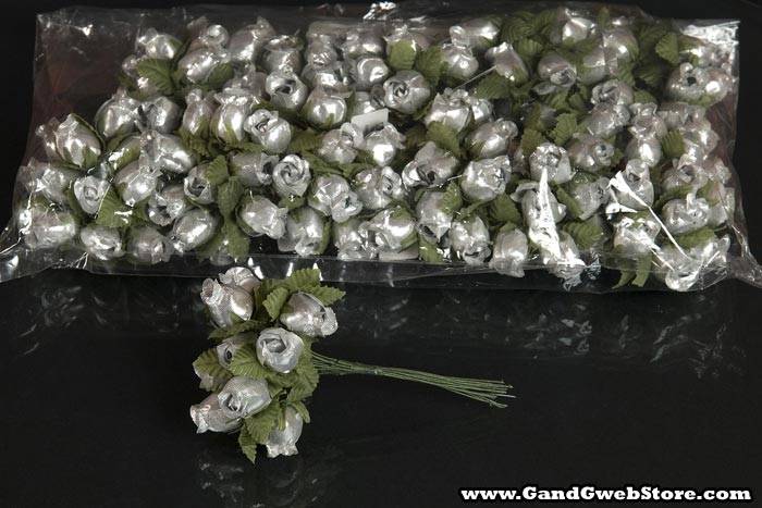 4.5" Rosebud Poly Stem & Leaf Silver Pkg/12
