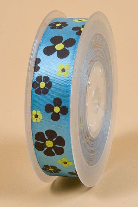 7/8" X 25yds Single Face Satin W/printed Flowers Turquoise