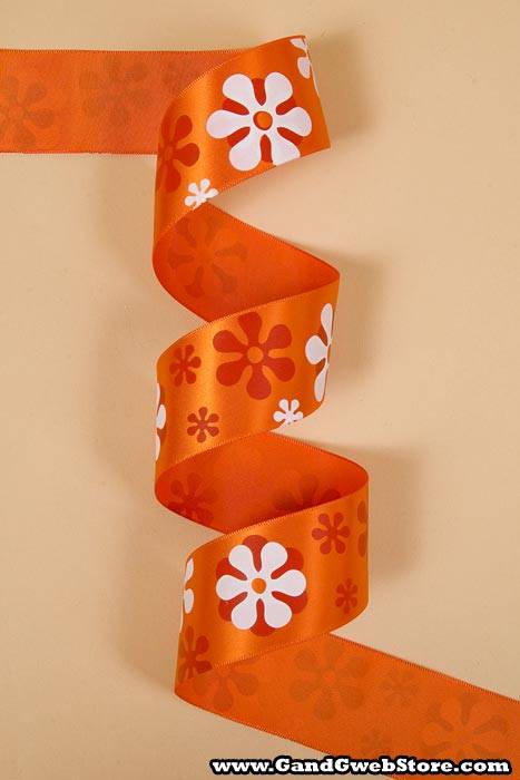 1-1/2" X 25yds Single Face Satin W/printed Flowers Torrid Orange