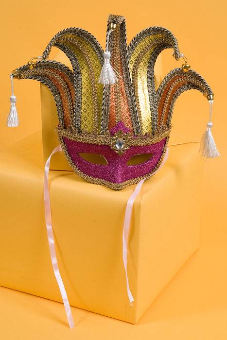 Glitter Mask W/bell & Tassel Fuchsia/red