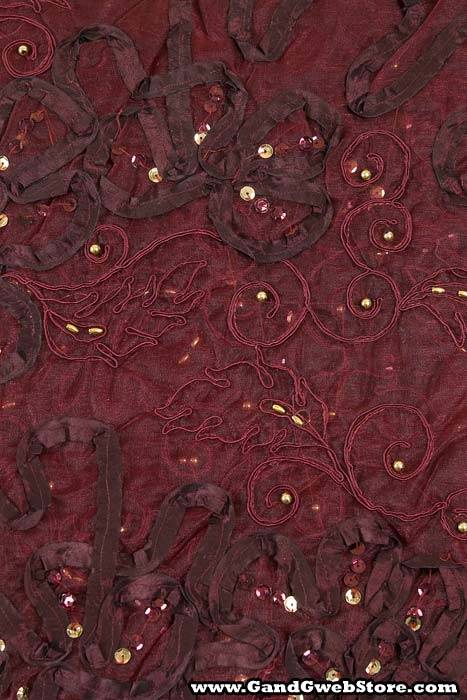 27" X 108" Sheer Fabric W/satin Flowers Burgundy/gold
