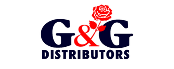 Logo of G&G Distributors with a red rose on a white background