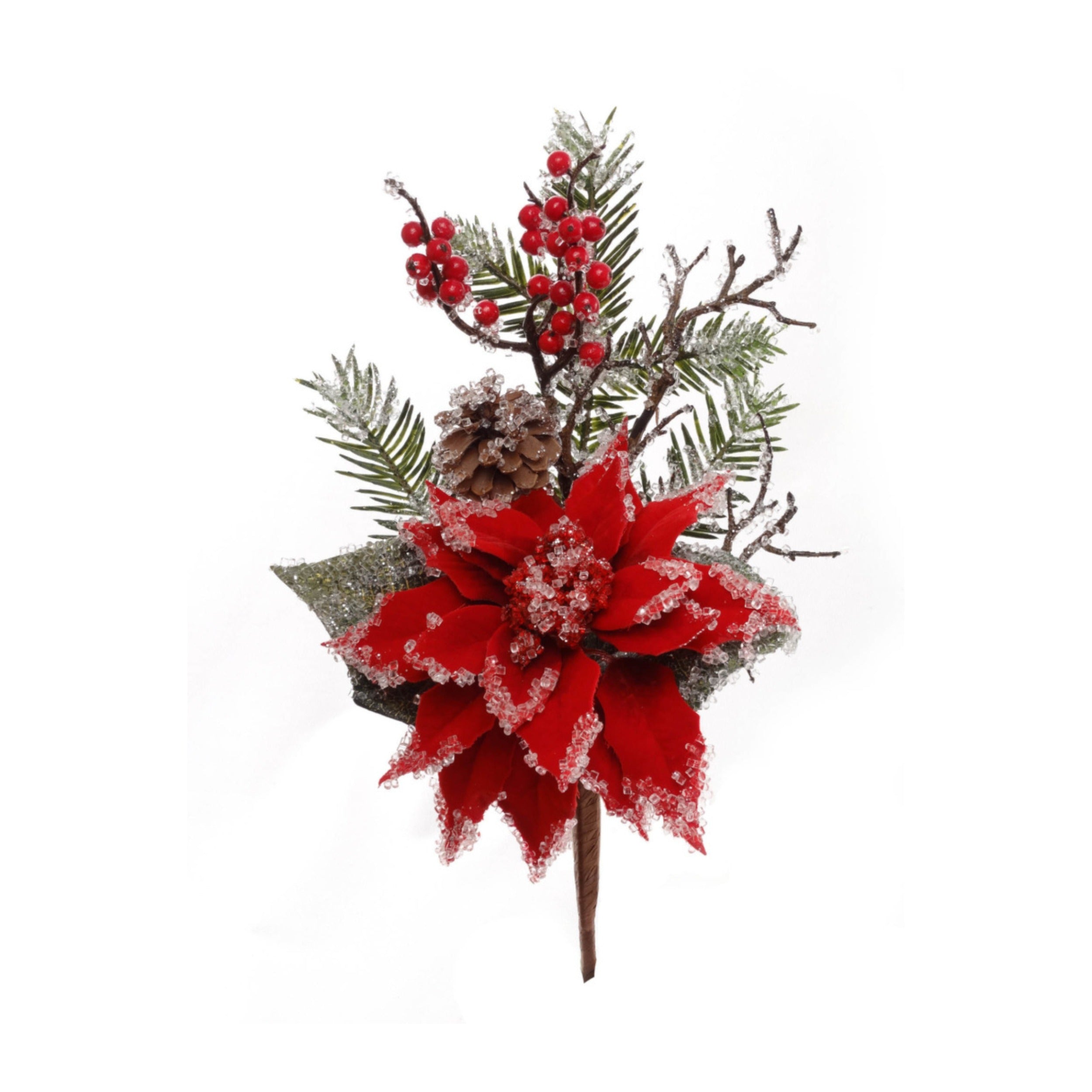 16" Iced Poinsettia Pine Pick Red