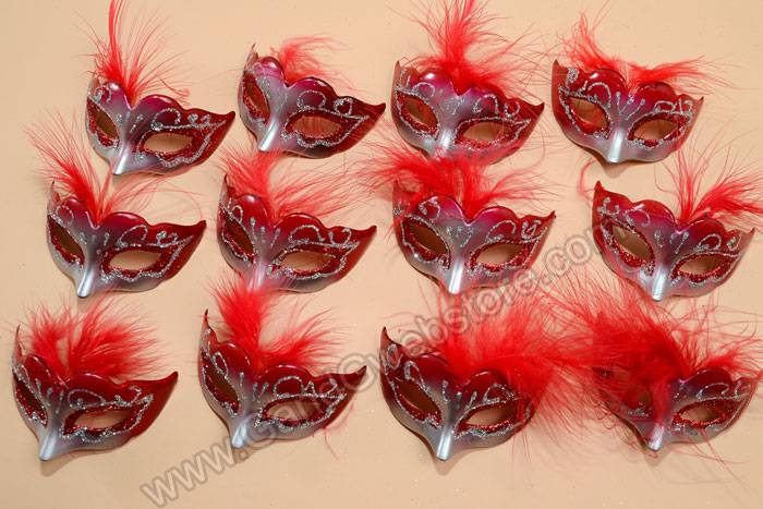 3" X 1.5" Mini Feather Mask Red/silver Pkg/12