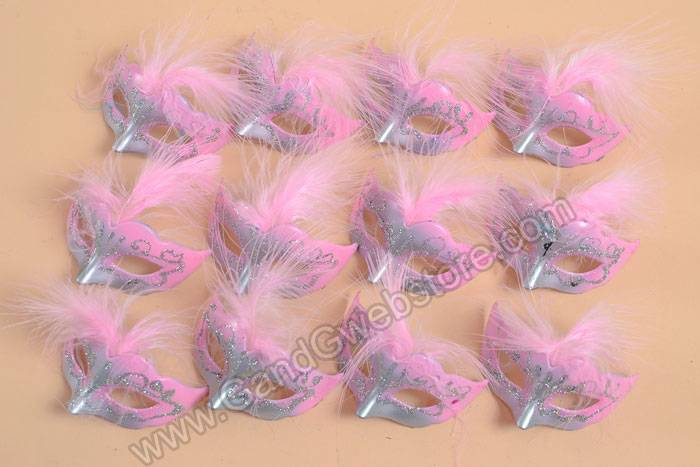3" X 1.5" Mini Feather Mask Pink/silver Pkg/12