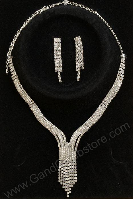 Crystal Rhinestone Necklace & Earrings Set Silver
