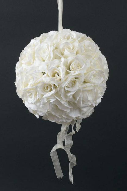 14" Rose Ball W/ribbon Ivory