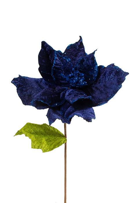 16" Poinsettia Pick W/1 Leaf Navy Blue