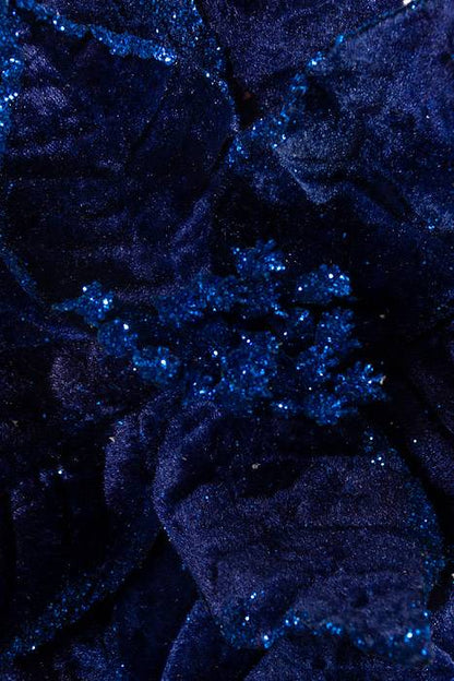 16" Poinsettia Pick W/1 Leaf Navy Blue