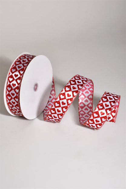 1.5" X 50Yds Wired Hearts And Diamonds Ribbon Red/White