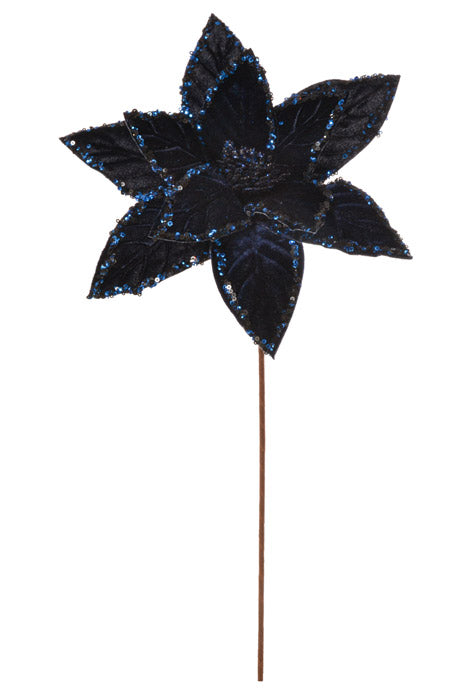 24" Sequin Edge Velvet Poinsettia Stem (Midnight Blue)