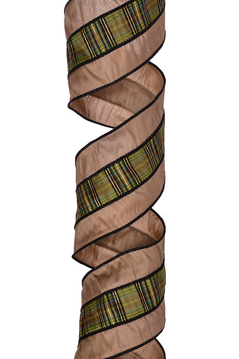 4" X 10Yds Wired Faux Dupion Center Plaid Ribbon Light Brown Black/Green