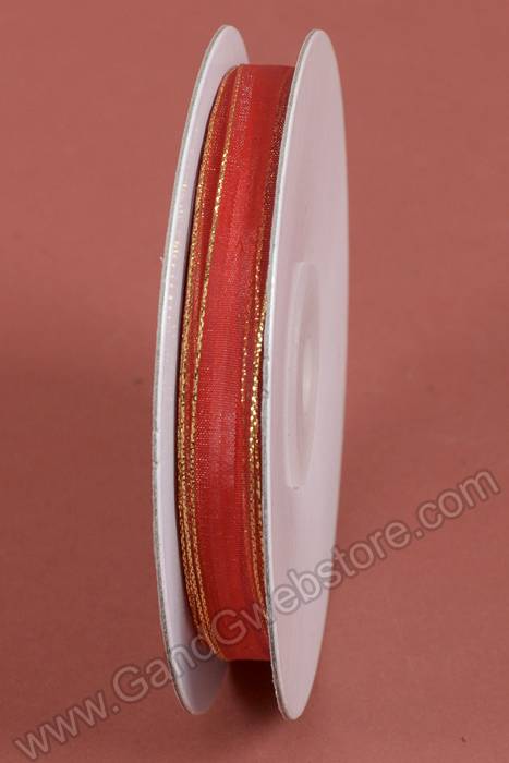 3/8" X 25yds Sheer Pull Bow W/gold Trim Red