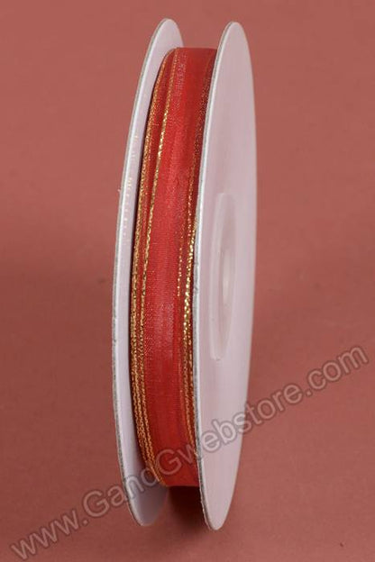 3/8" X 25yds Sheer Pull Bow W/gold Trim Red