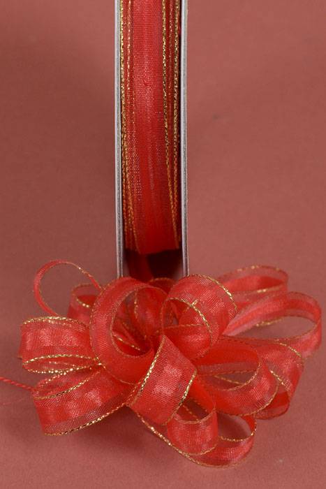 3/8" X 25yds Sheer Pull Bow W/gold Trim Red