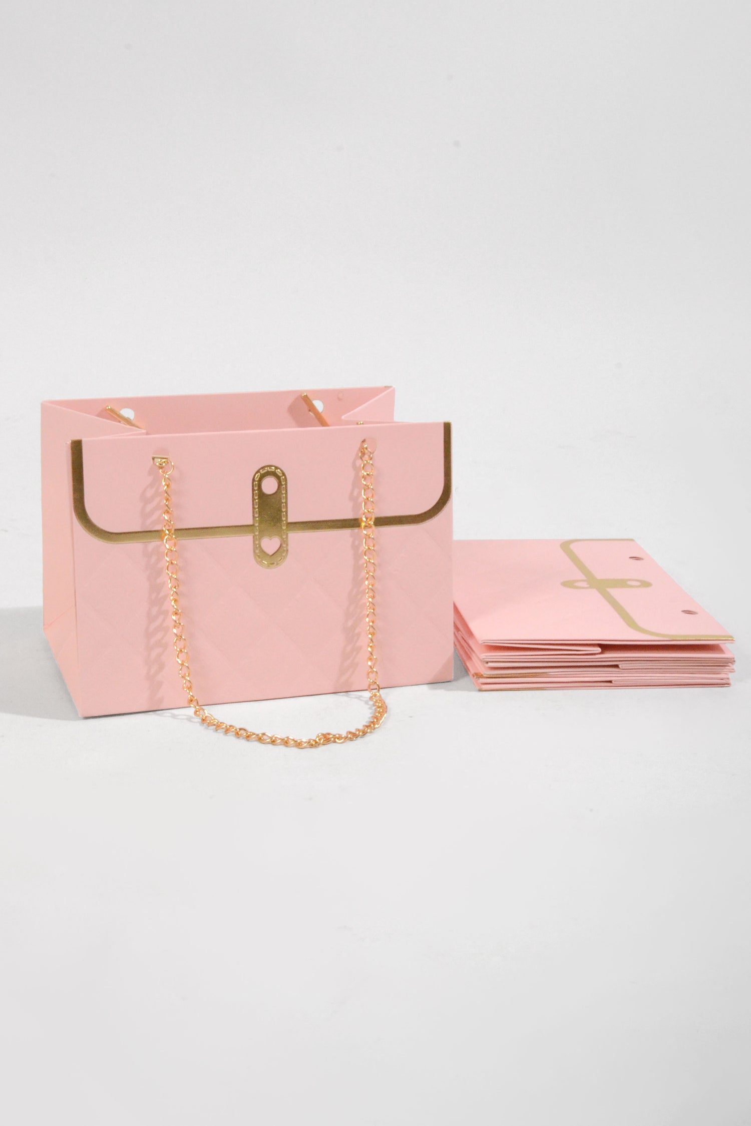 6"x 4"  Flower Paper Handbag W/Metal Chain Pink Pkg 4