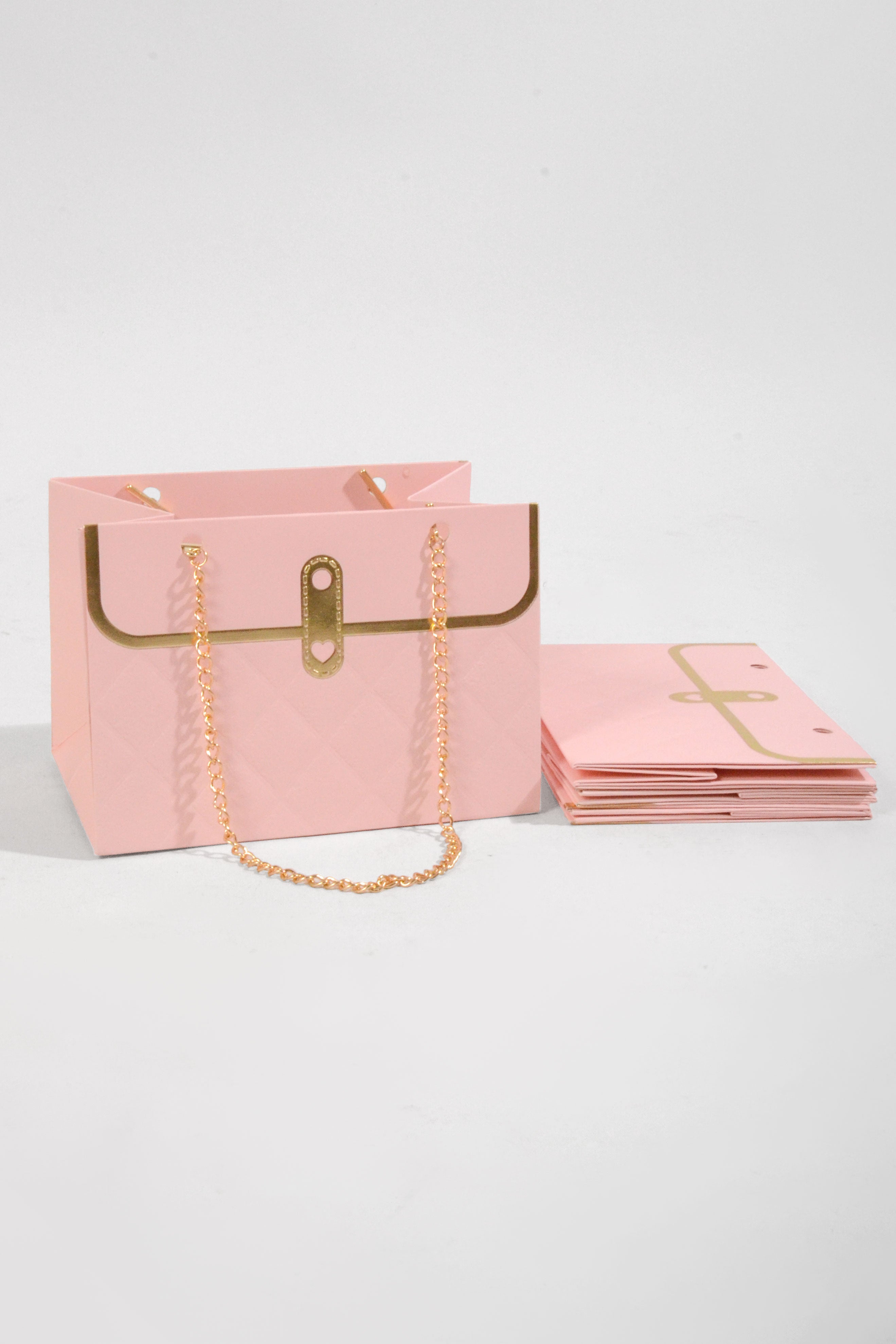 6"x 4"  Flower Paper Handbag W/Metal Chain Pink Pkg 4