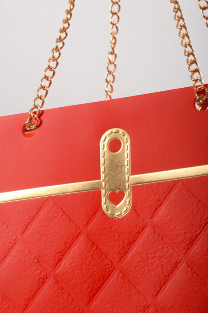 6"x 4"  Flower Paper Handbag W/Metal Chain Red Pkg 4