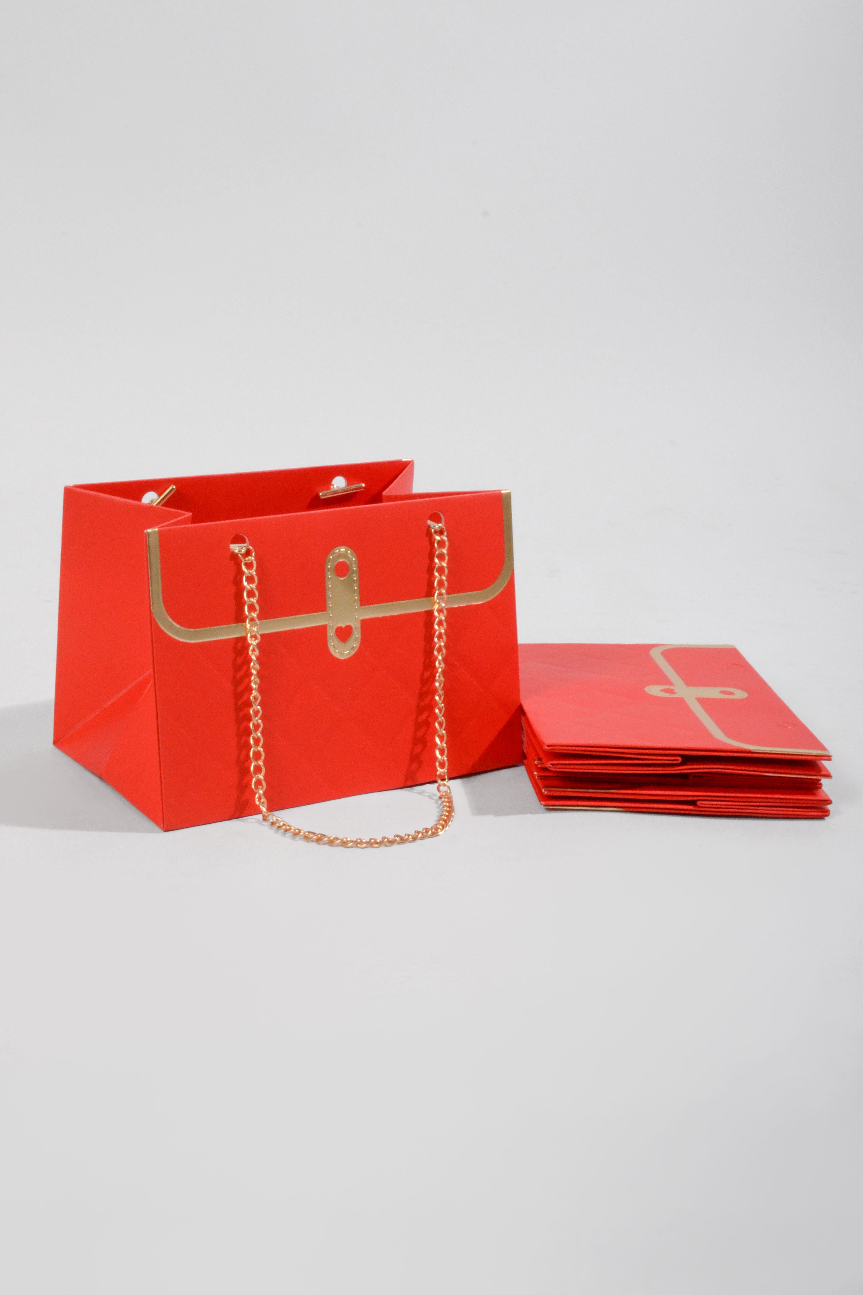 6"x 4"  Flower Paper Handbag W/Metal Chain Red Pkg 4