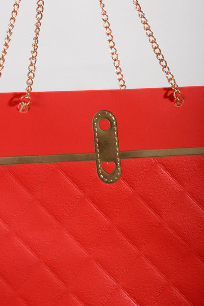 7"x 6"  Flower Paper Handbag W/Metal Chain Red Pkg 4