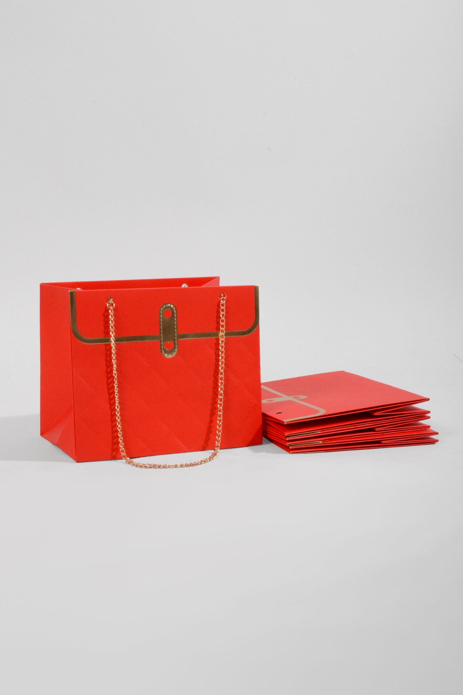 7"x 6"  Flower Paper Handbag W/Metal Chain Red Pkg 4