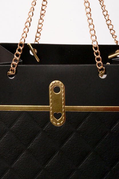 6"x 4"  Flower Paper Handbag W/Metal Chain Black Pkg 4