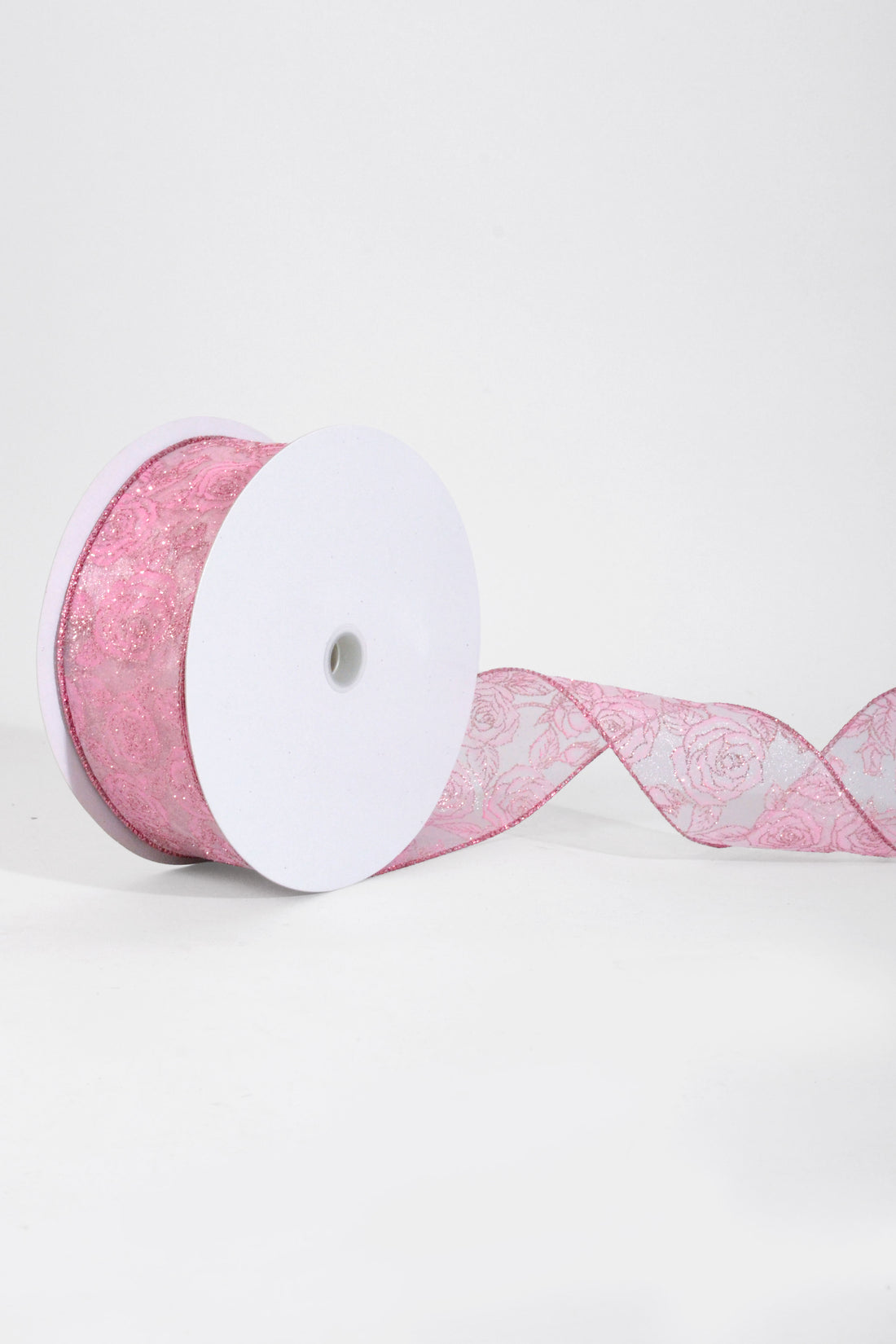 2.5" x 50Yds Wired Sheer/Pink W/Glitter Roses