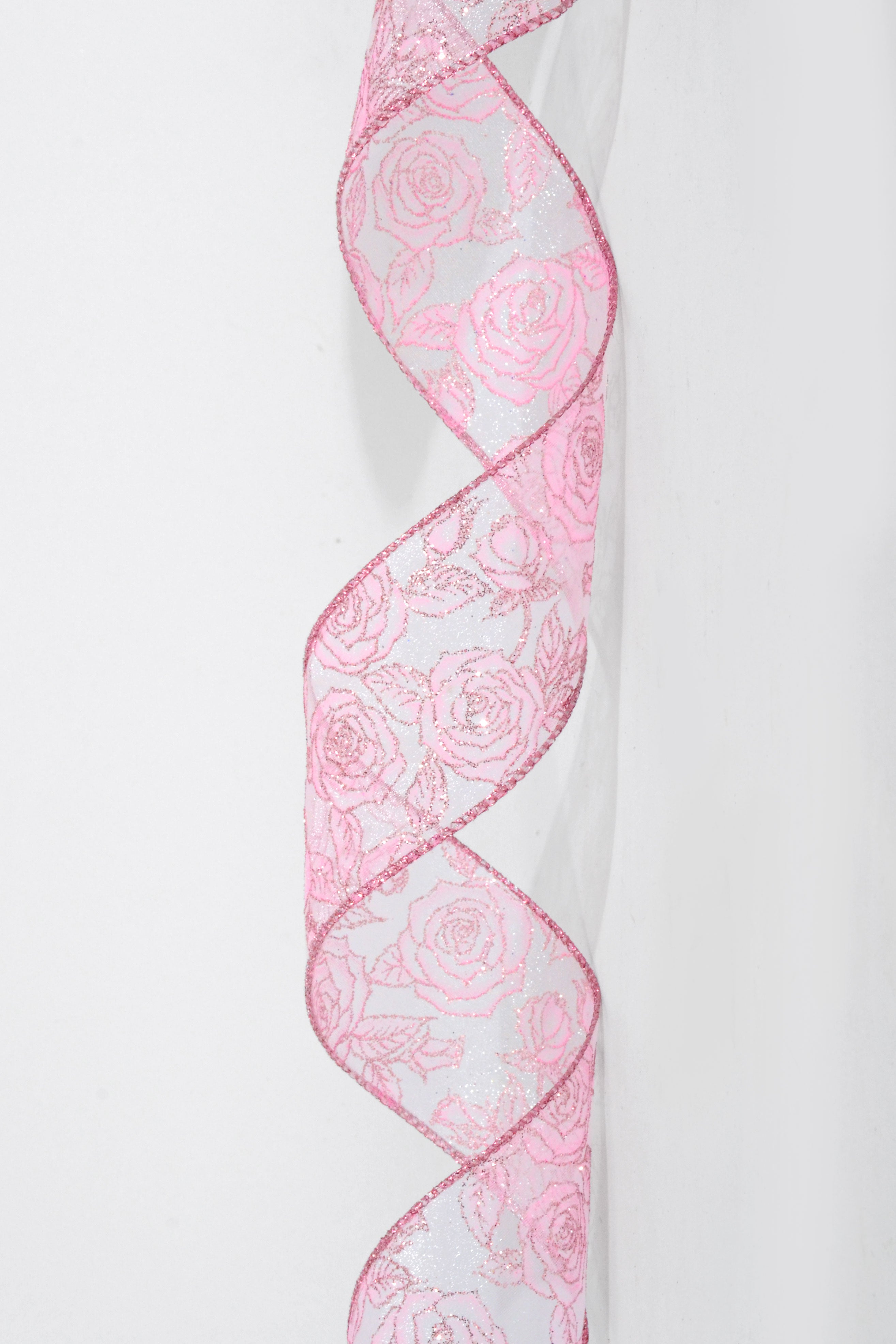 2.5" x 50Yds Wired Sheer/Pink W/Glitter Roses