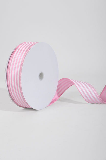 1.5" x 50Yds Pink Satin With White Cabana Stripes
