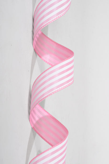 1.5" x 50Yds Pink Satin With White Cabana Stripes