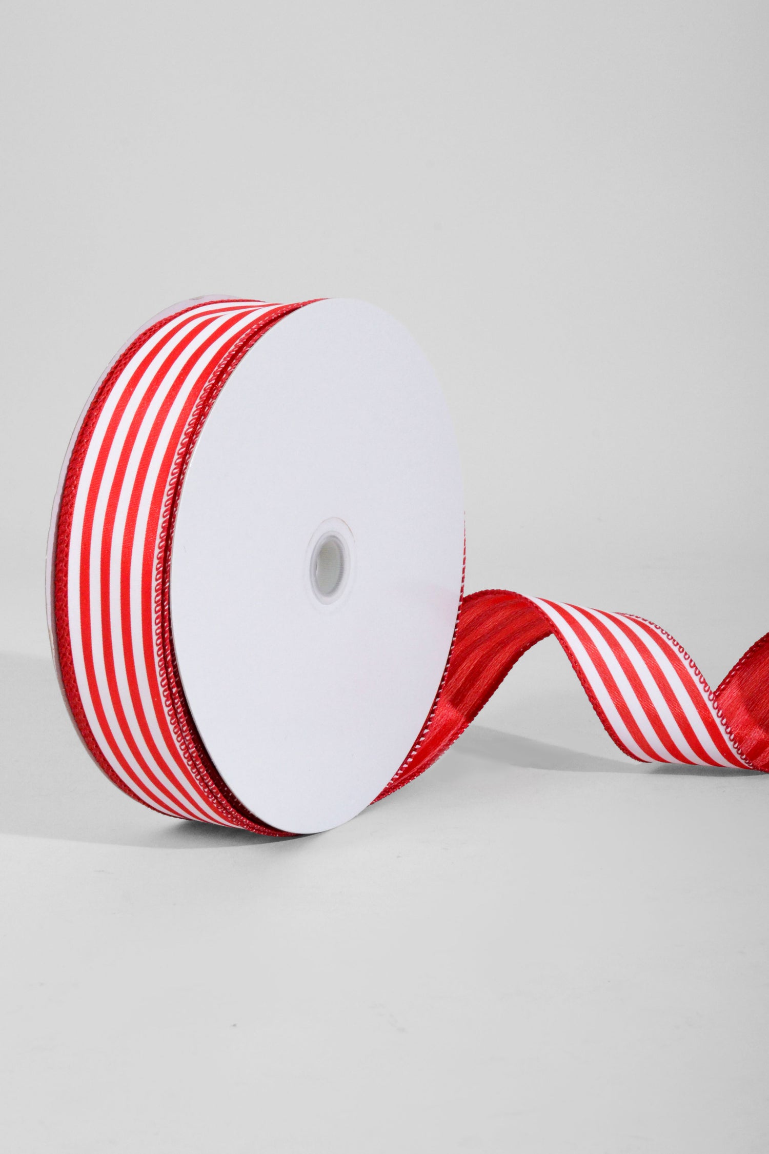 1.5" x 50Yds Red Satin With White Cabana Stripes
