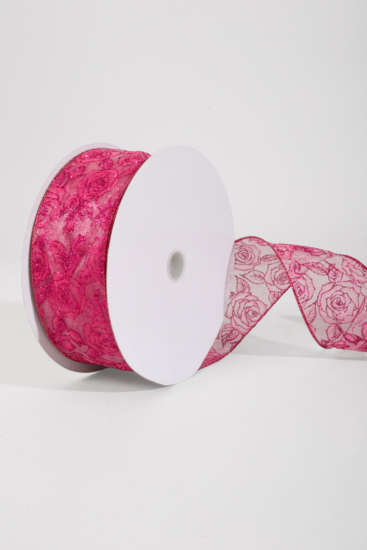 2.5" x 50Yds Wired Sheer/Fuchsia W/Glitter Roses
