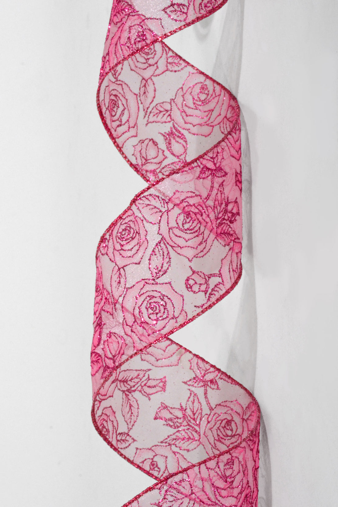 2.5" x 50Yds Wired Sheer/Fuchsia W/Glitter Roses