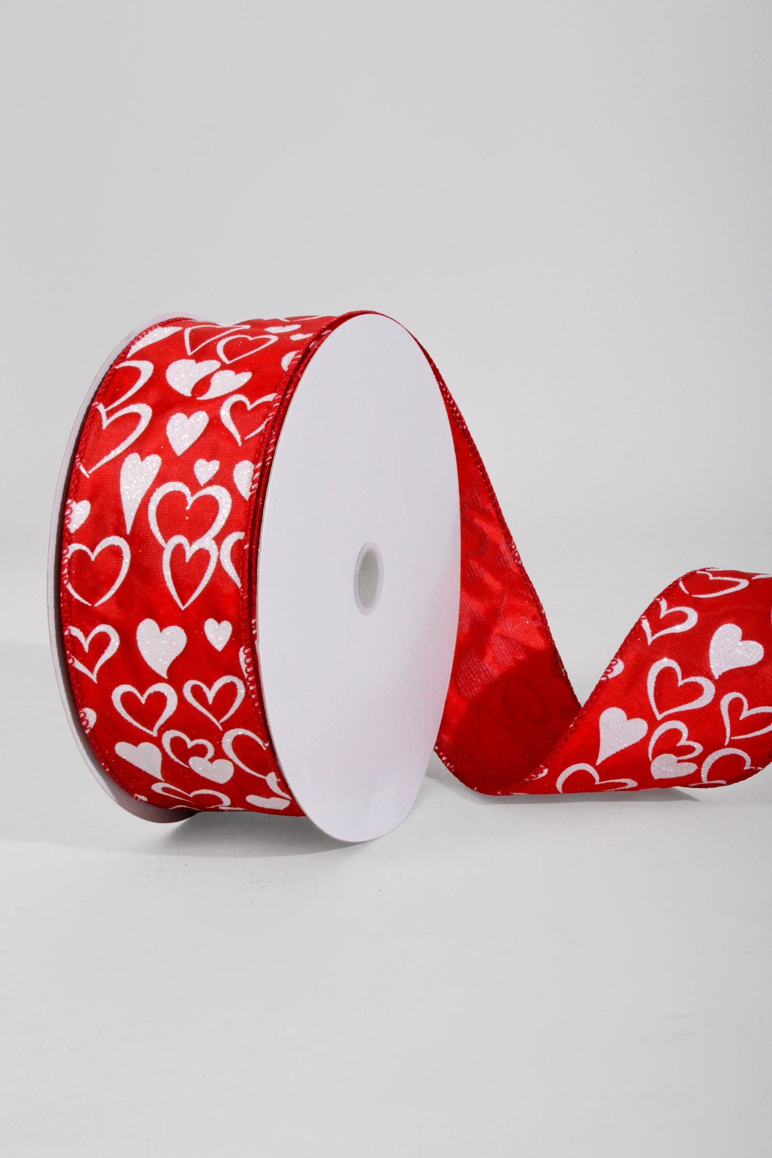 2.5" x 50Yds Red Satin White Glitter Jane Hearts