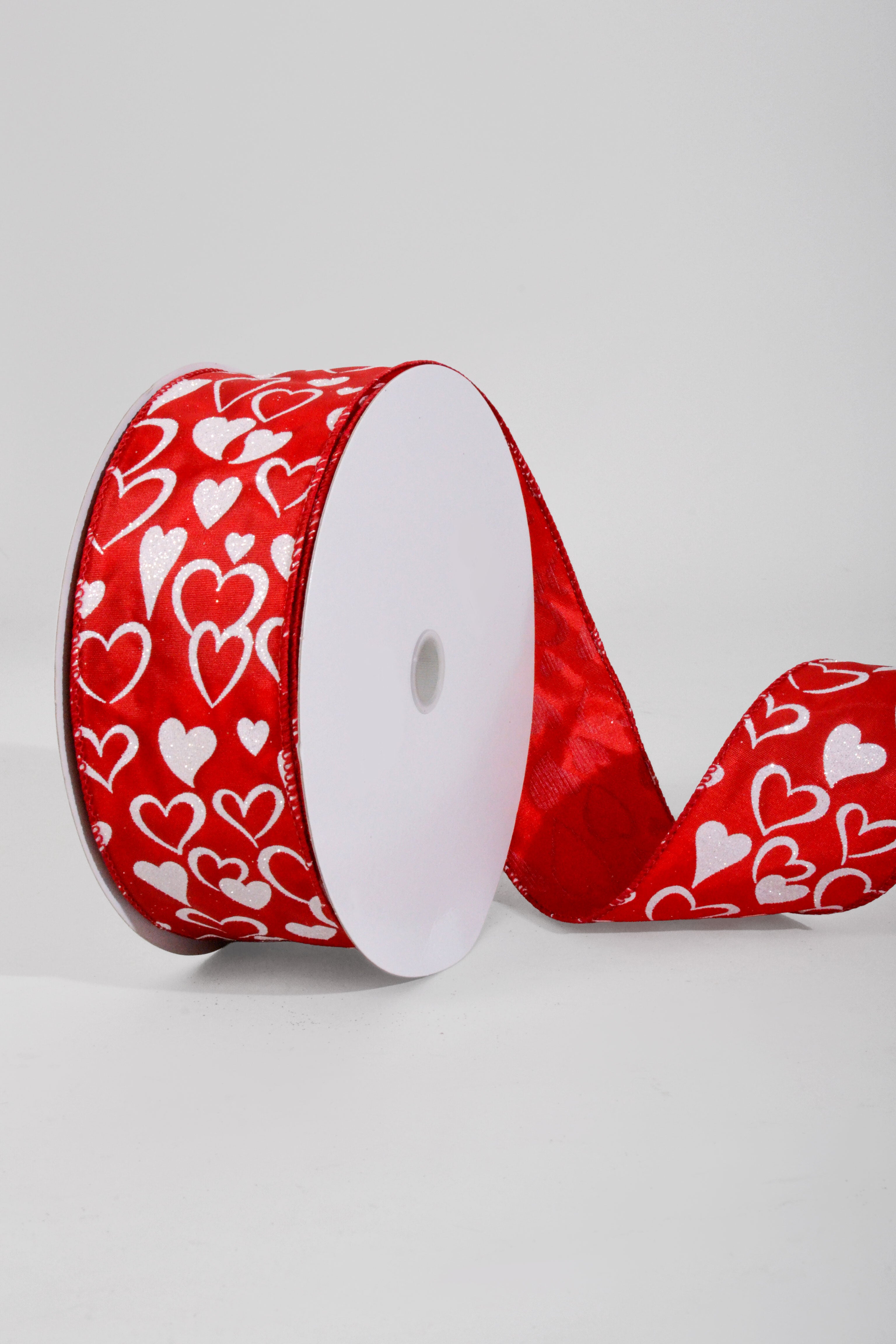 2.5" x 50Yds Red Satin White Glitter Jane Hearts